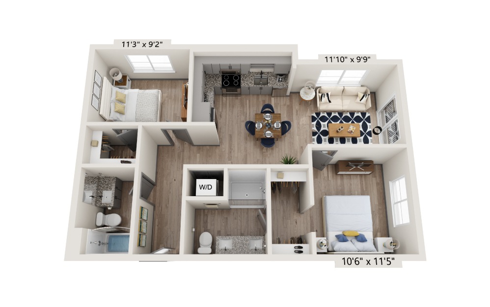 Avery - 2 bedroom floorplan layout with 2 baths and 815 square feet.