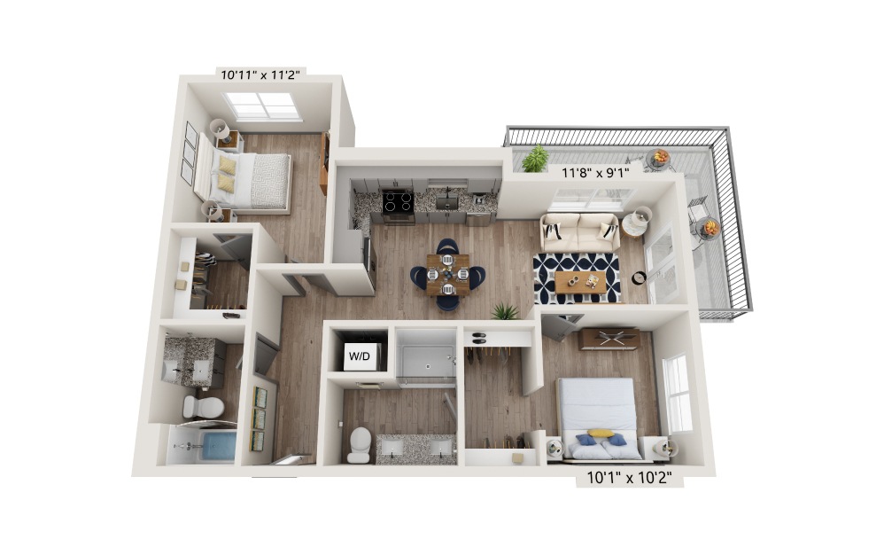 Boyd - 2 bedroom floorplan layout with 2 baths and 812 square feet.