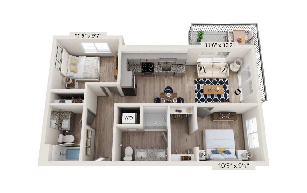Buckhorn - 2 bedroom floorplan layout with 2 baths and 720 square feet.