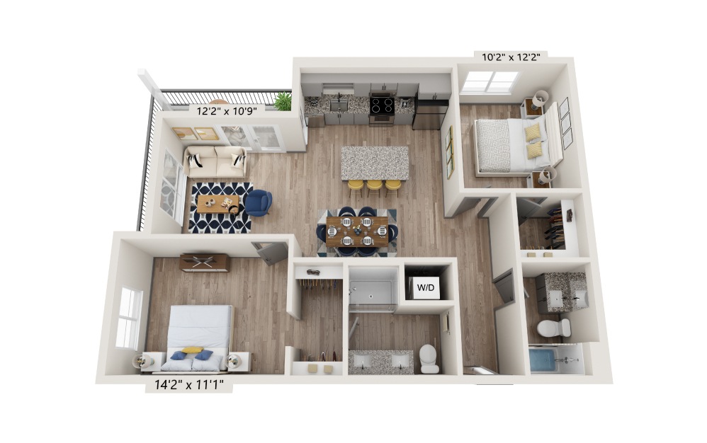 Buckingham - 2 bedroom floorplan layout with 2 baths and 980 square feet.