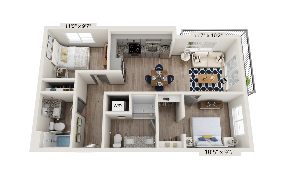 Greyrock - 2 bedroom floorplan layout with 2 baths and 745 square feet.
