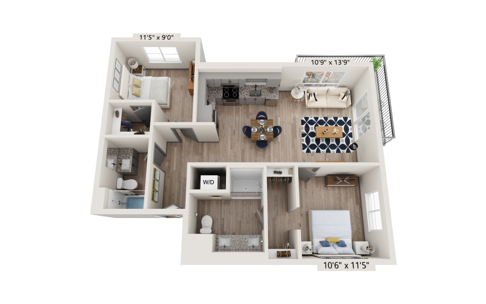 Laurel - 2 bedroom floorplan layout with 2 baths and 879 square feet.