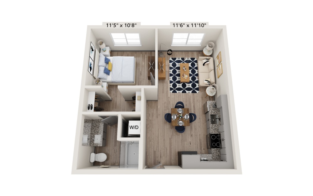 Milner - 1 bedroom floorplan layout with 1 bath and 646 square feet.
