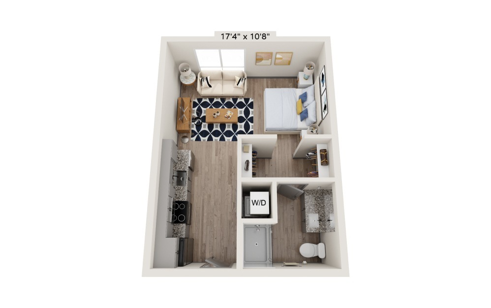 Swanson - Studio floor plan layout with 1 bathroom and 408 square feet