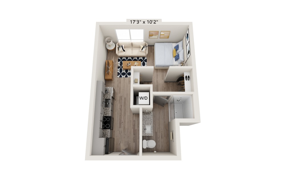 Swanson - Studio floorplan layout with 1 bath and 408 square feet.