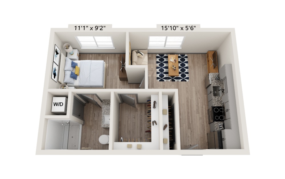 Whitcomb - 1 bedroom floorplan layout with 1 bath and 499 square feet.