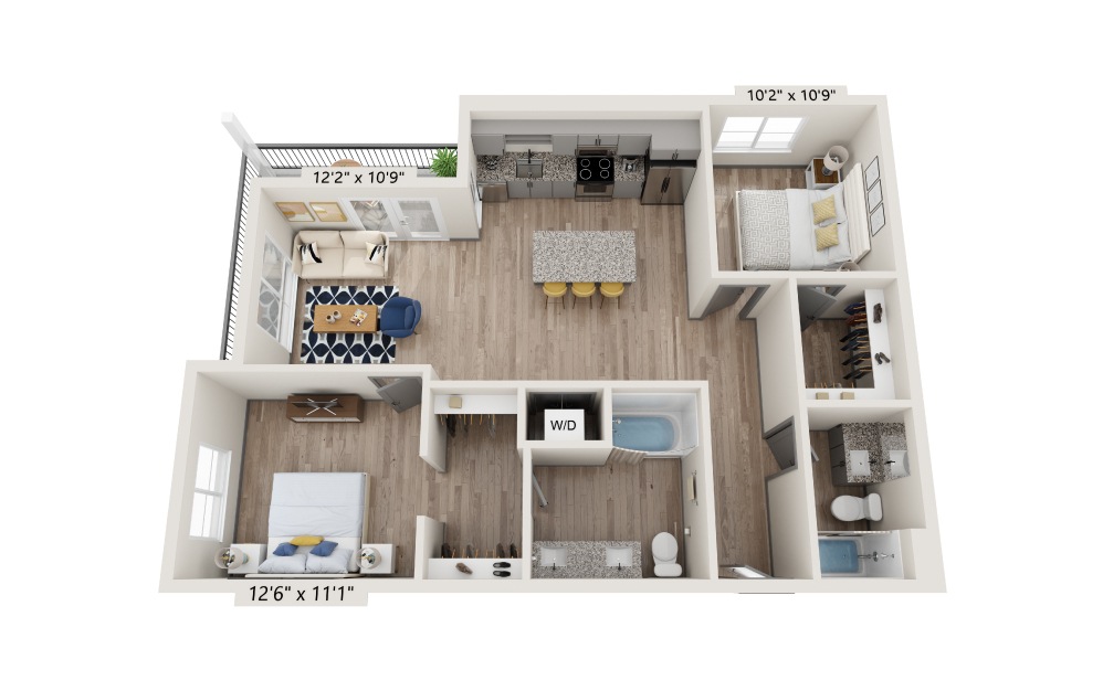 Windsor - 2 bedroom floorplan layout with 2 baths and 979 square feet.